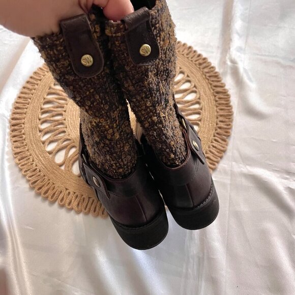 Stuart Weitzman Women's Slip On Tweed Brown Boucle Mid Calf Boots Size 8 - Picture 9 of 11